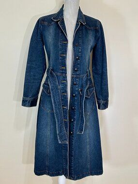 Relaxed Jeans Long Denim Jacket With Tie Belt Blue Size Women's M